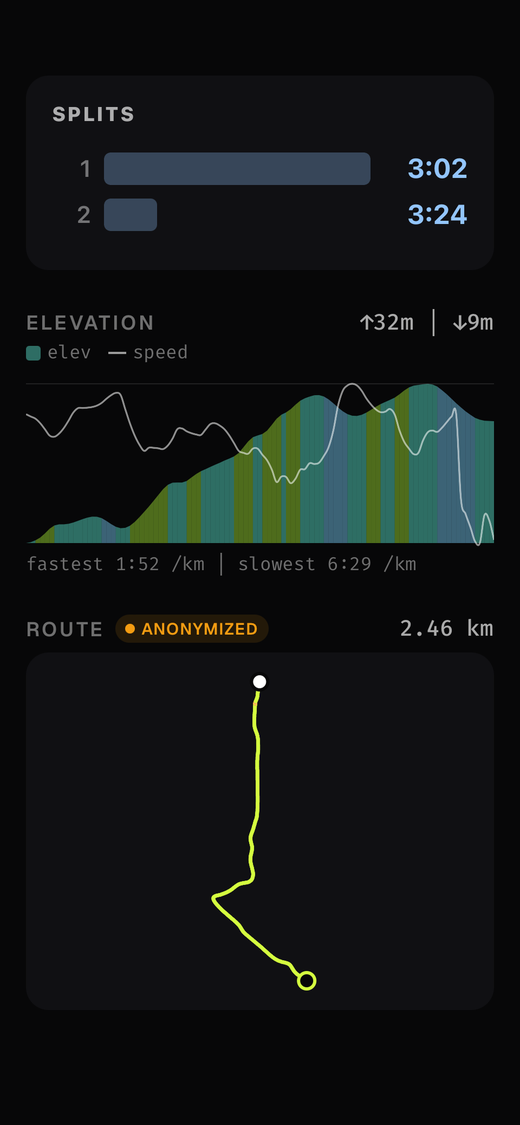 Run detail showing splits, an elevation profile and a route marked anonymized.